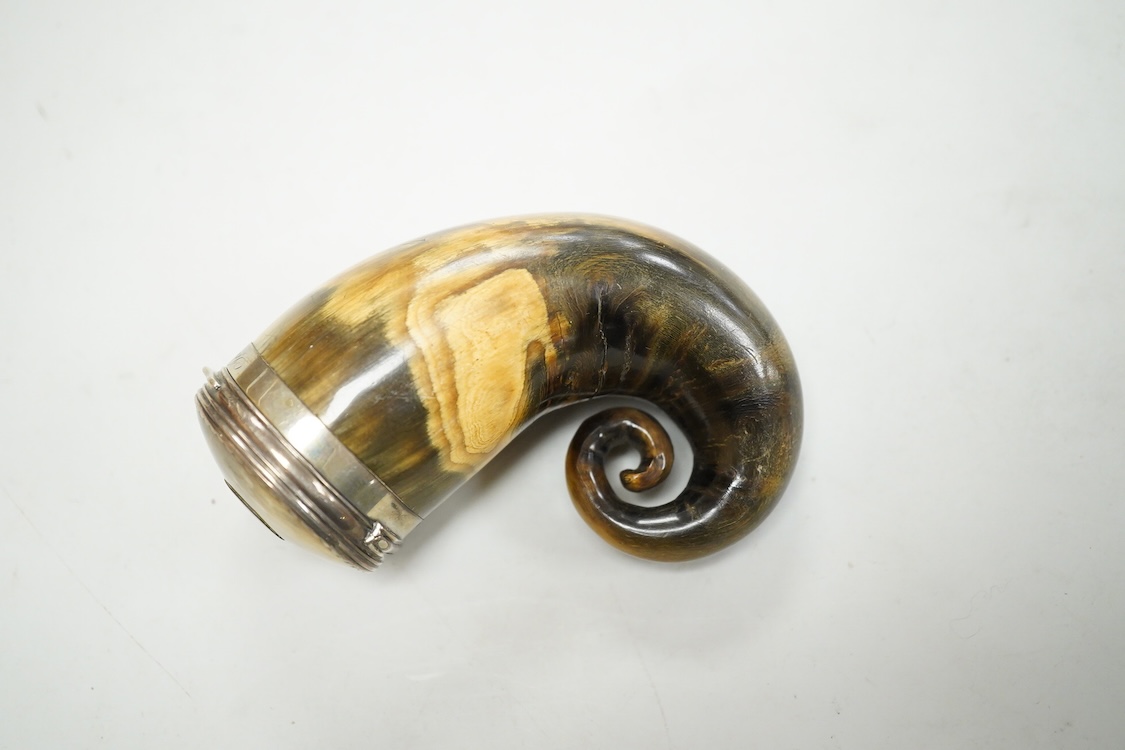 A 19th century Scottish white metal mounted horn snuff mull, engraved 'John Turnbull' 85mm, (a.f.).